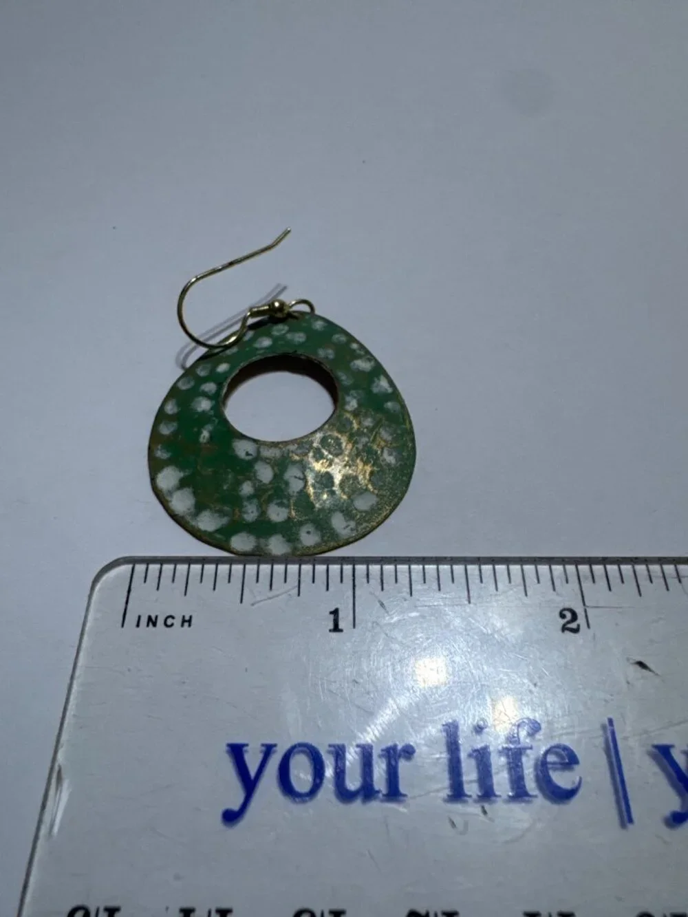 Dimpled Teardrop Dangle Earrings Green & Gold Metal Abstract Pattern